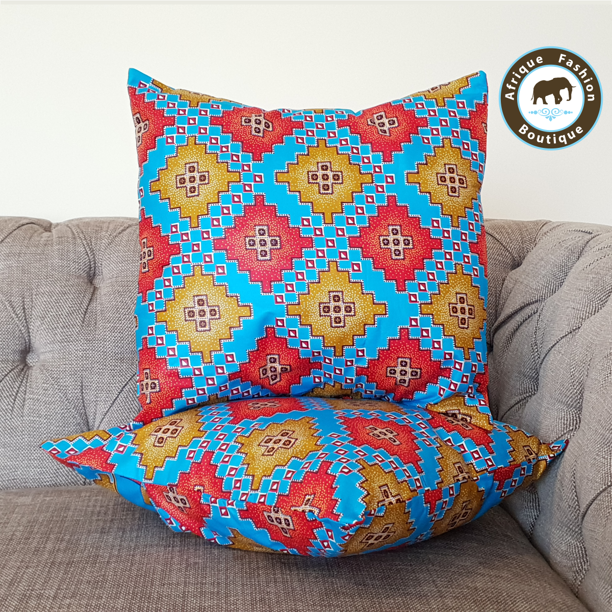 Set of 2 African Print Red Blue Yellow Cushion Covers Afrique