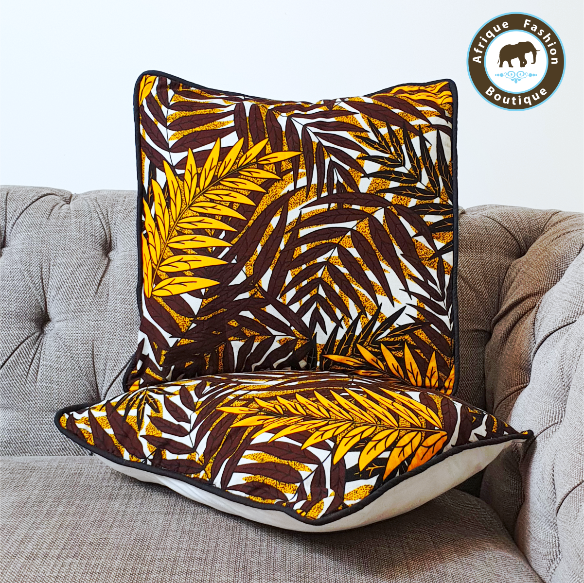 Set of 2 African Print Brown Yellow Cushion Covers Afrique